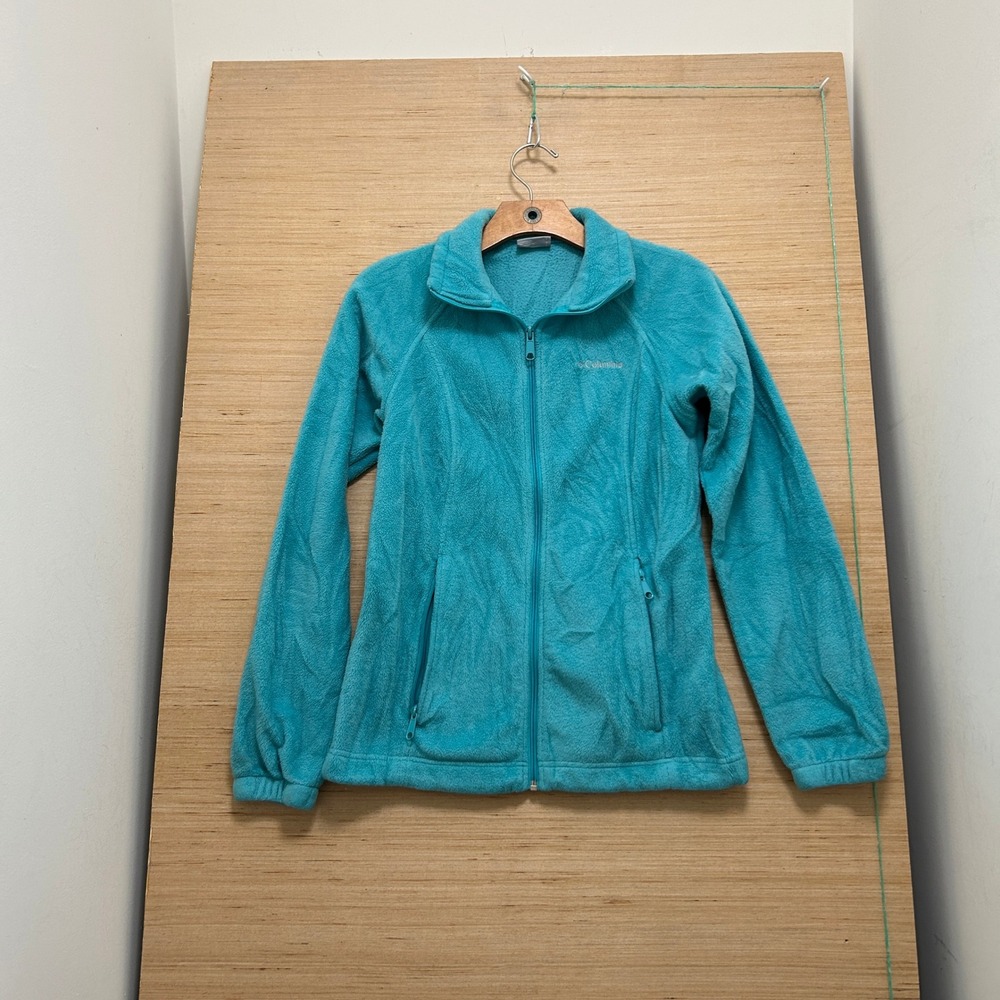 Columbia Womens Full Zip Fleece Jacket Turquoise Blue Mock Neck Small Soft Coat